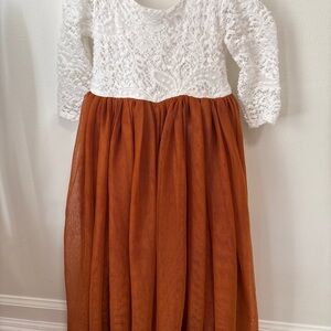 Girls White Lace Top with Rust Orange Tulle Skirt Dress